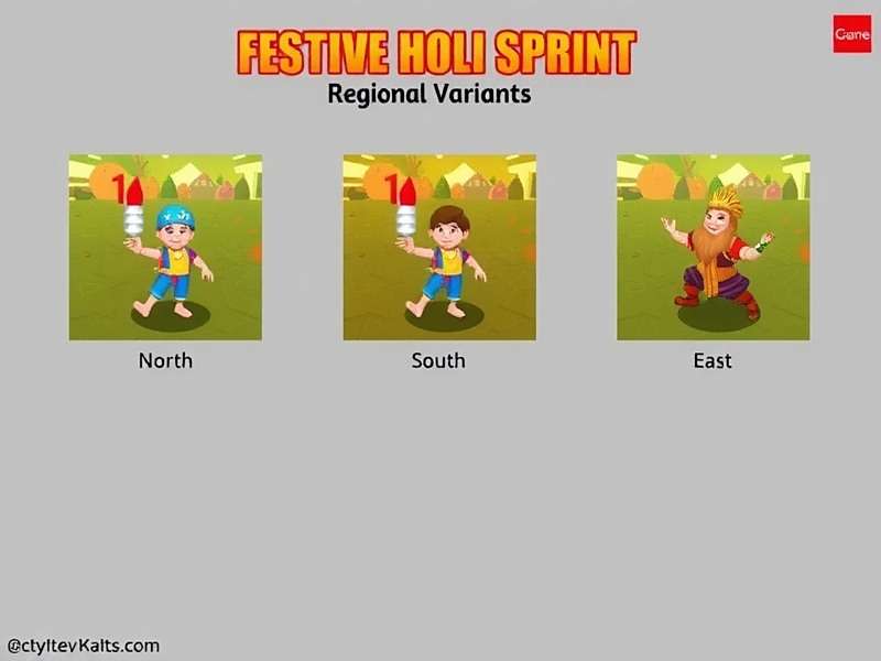 Regional variants of Festive Holi Sprint showing North, South, and East Indian themed gameplay