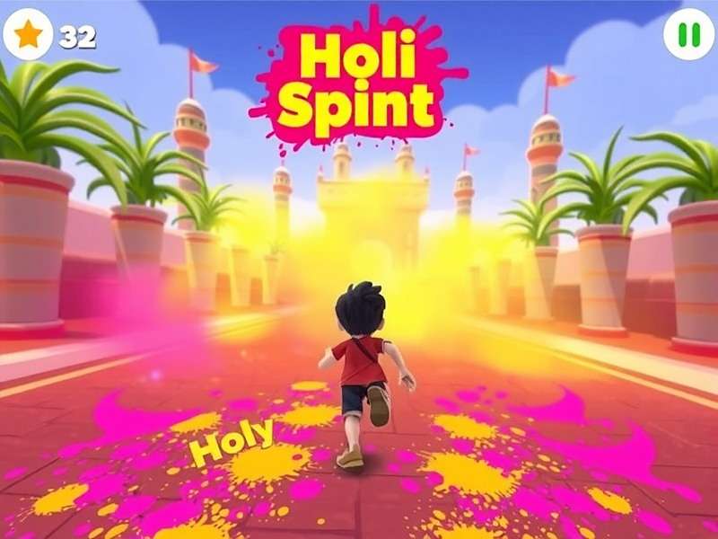 Festive Holi Sprint gameplay showing a character running through a colorful Holi celebration